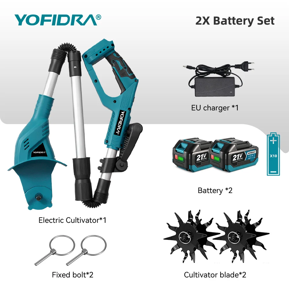 YOFIDRA Elektrische Gartenfräse, Kultivator, Vertikutierer, faltbare Bodenfräse, Bodenlockerer, Gartenwerkzeug für Makita 21V Akku