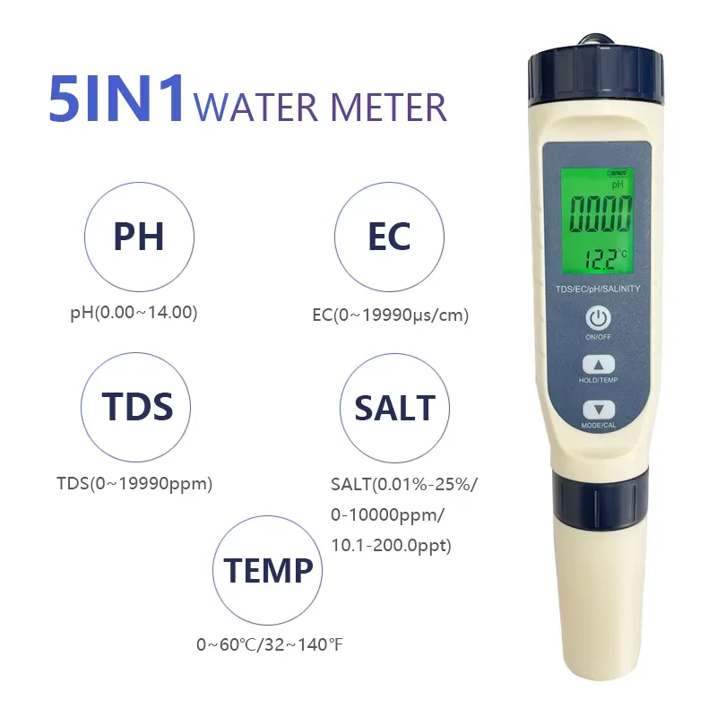 2023 Newest Digital 5 in 1 Multifunctional Salinity Tds Units Water Quality Tester Conductivity PH/TDS/EC/TEMP Meter ph Tester