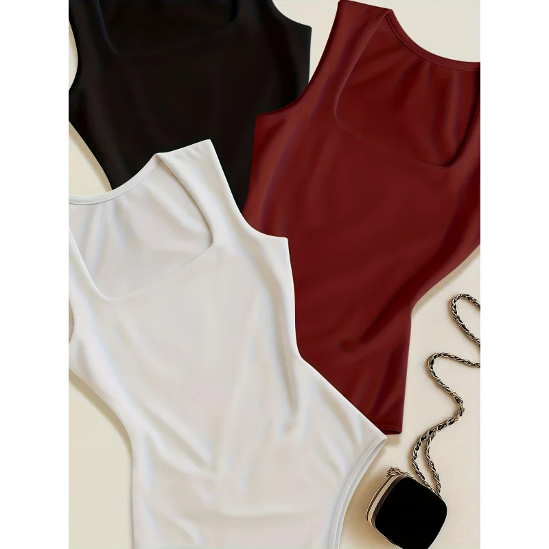 Women's Fashionable Comfortable Solid Color Square Neck Soft Breathable Simple Versatile Daily Wear Bodysuit Set