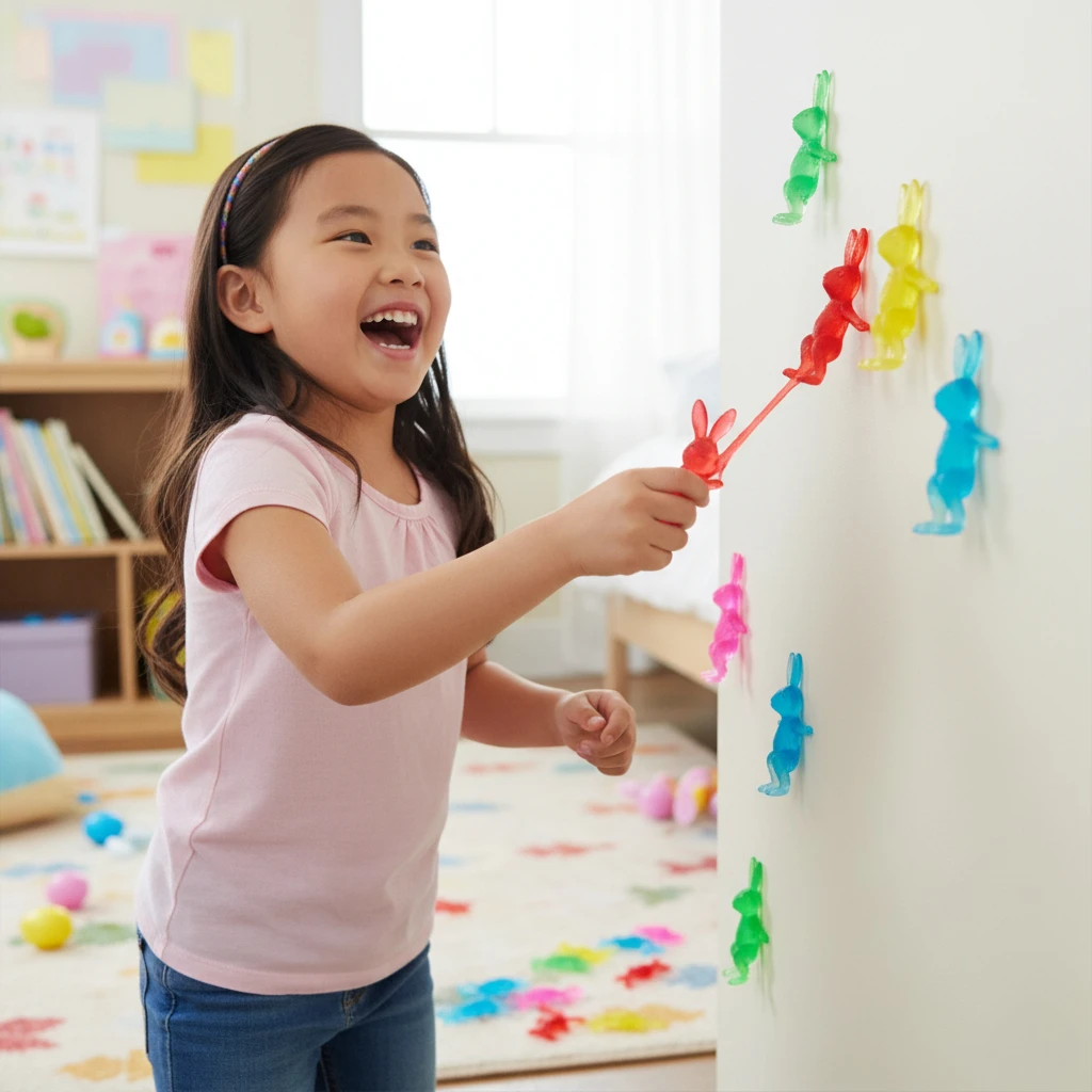 柔らかいTPR素材の粘着性のある手を持つウサギ型のおもちゃ、子供向け、丈夫で伸縮性のある壁登り小型おもちゃ、イースターバスケットやパーティーに最適