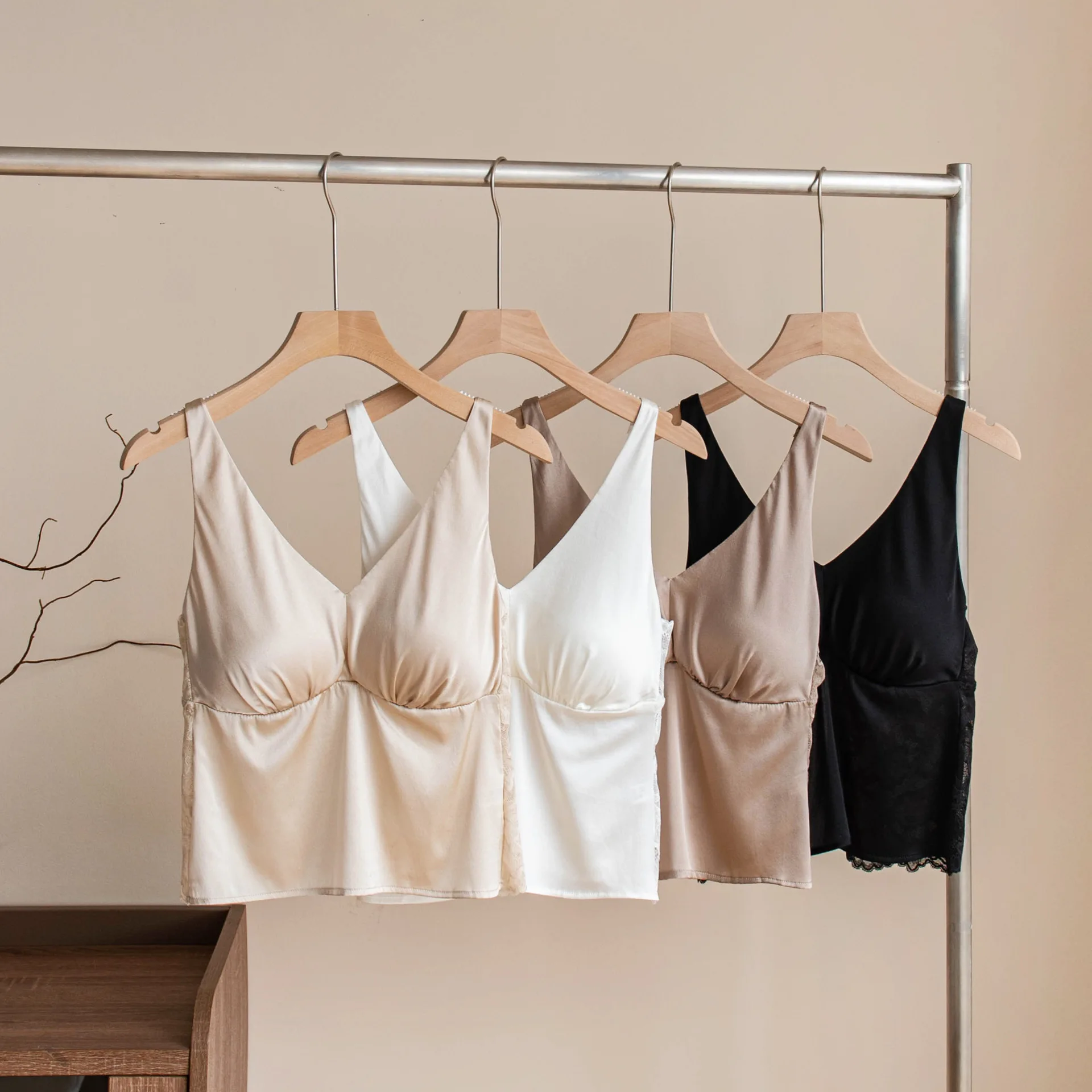 Women Mulberry Silk Satin V Neck Cami Top Padded Bra Top Sexy Backless Adjustable Strap Lingerie