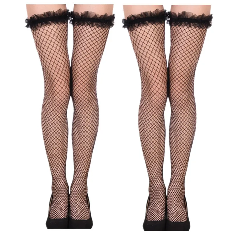 2 Paar sexy schwarze Netzstrümpfe, Dessous für Damen, hohle, lange, transparente Spitzenstrümpfe für Damen