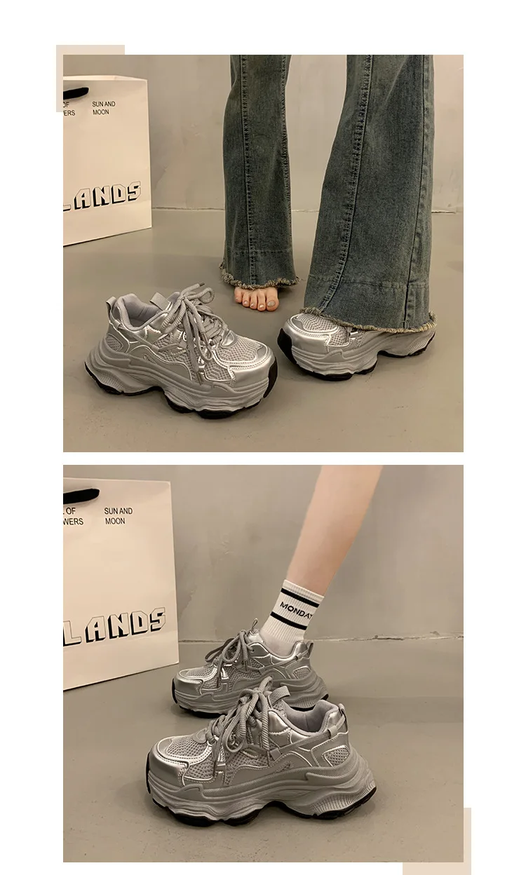 Klobige Plateau-Sneaker für Damen, Herbstmode, dicke Sohle, vulkanisierte Schuhe, rutschfeste, atmungsaktive Freizeit-Sportschuhe aus Mesh – Detail 10