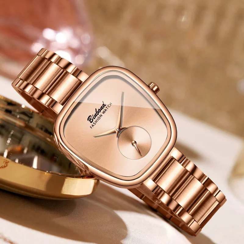 ساعة كوارتز نسائية مكونة من قطعة واحدة من الذهب الوردي ونمط مزيف ومؤشر على شكل نقطة مضلعة