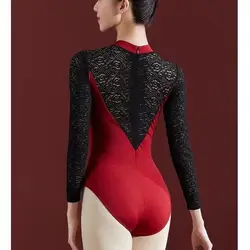 Ballet Leotards For Women Dancewear Lace Back Adult Ballerina Clothes Long Sleeve Leotard Stand-up Collar Swimwear Costume