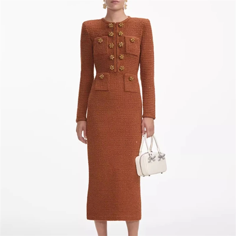 Fall/Winter new women's round hole double breasted Waffle long sleeve knit dress y2k high quality fashion commuter brown dress