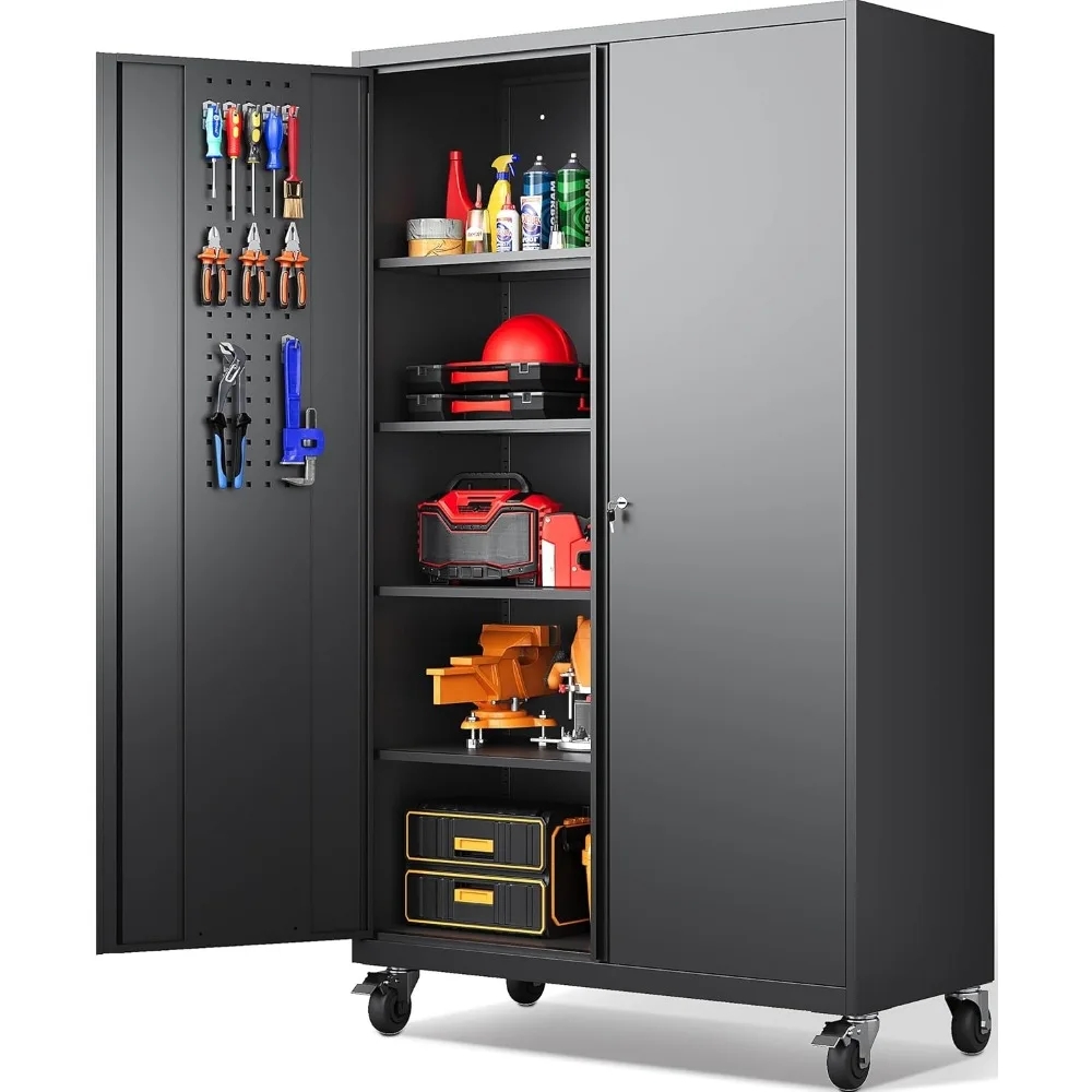 

Wide Deep Rolling Metal Storage Cabinet Lockable Shelves Pegboard Tool Locker