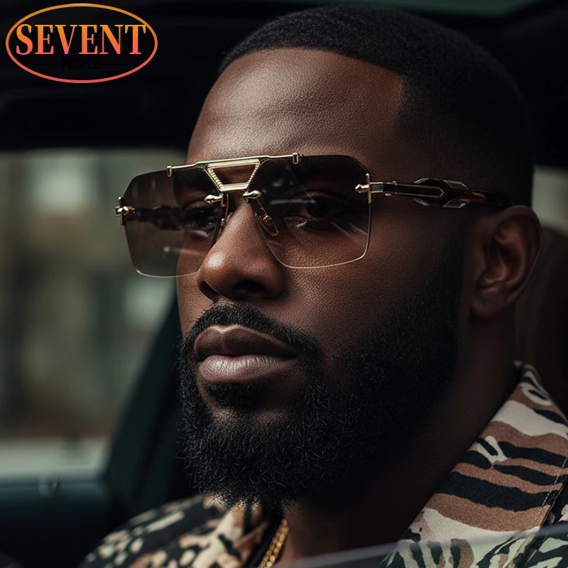 

Oversized Square Rimless Punk Sunglasses Men 2025 Luxury Brand Vintage Steampunk Polygon Double Beam Sun Glasses For Male UV400