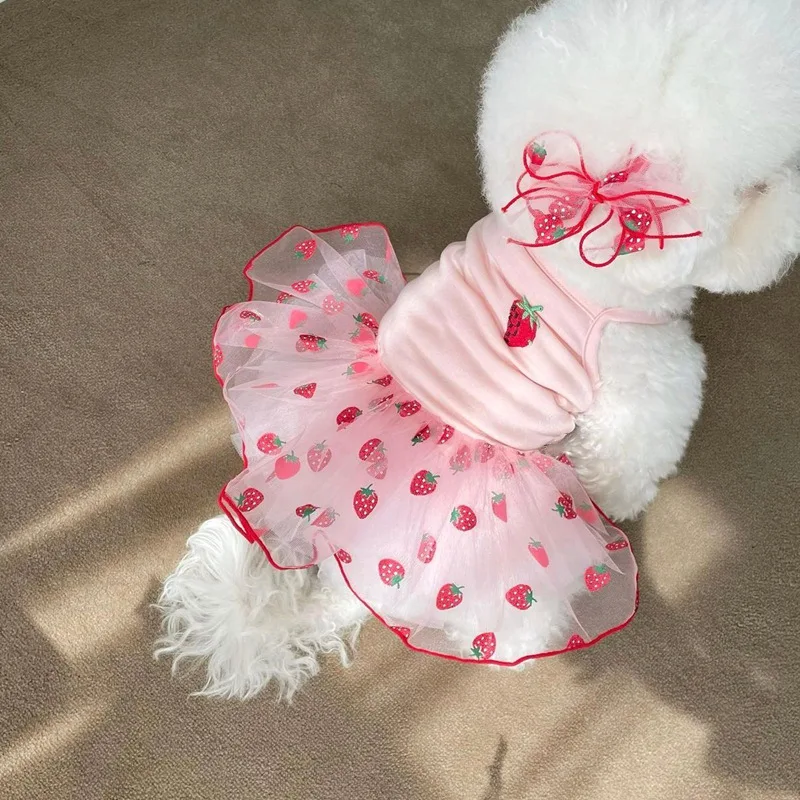 Summer Strawberry Flower Mesh Skirt Thin Pet Sling Skirt Pomeranian Bear Teddy Yorkshire Sherry Small Dog Clothes