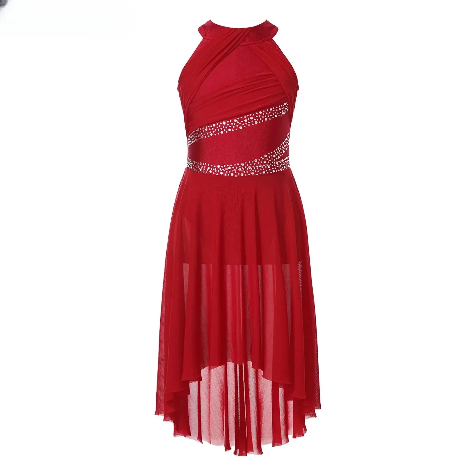 Kids Girls Rhythmic Gymnastics Ballet Dance Costume Rhinestone Ruched Leotard Waltz Ballet Jersey Dresses