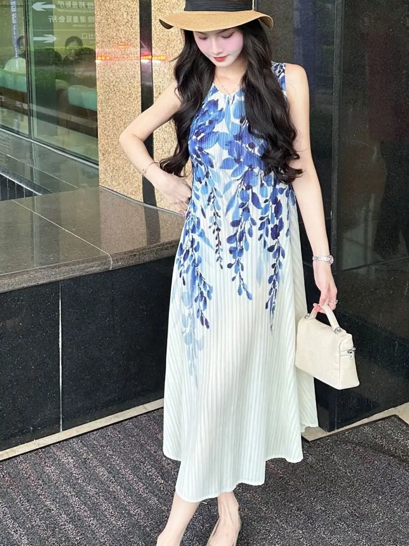 여름 신상 여성 플로럴 프린트 플리츠 드레스 슬리 하이웨이스트 A라인 스커트 통기성 폴리에스터 섬유 슬림핏