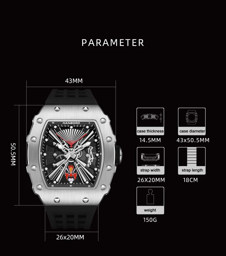 HANBORO orologio automatico da uomo 50.5mm orologio da polso meccanico di lusso cassa Tonneau luminosa 50M impermeabile 6 cambio trucco facciale