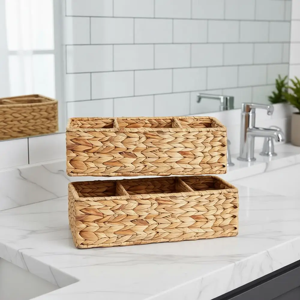 

3-Section Wicker Storage Basket Set, Toilet Paper Holder, and Tank Topper for Bathroom Organization