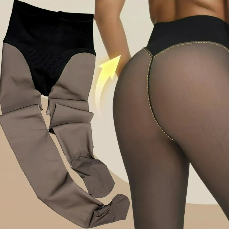 Winter Plus Size Fleece Lined Tights Peach Butt Lift Shaping Pantyhose Soft Stretch Thermal Legwear for Large Size Ladies