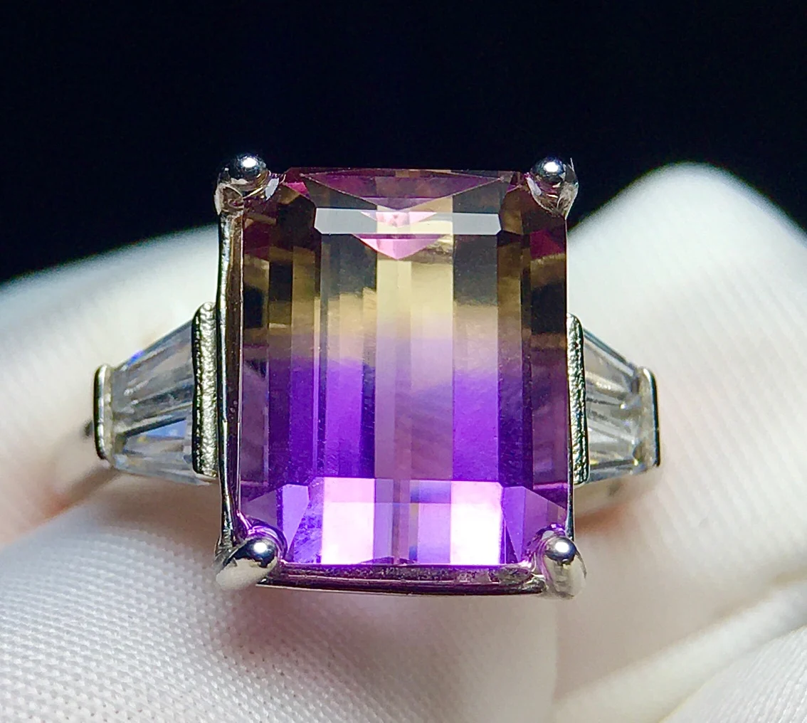 

Natural Purple Yellow Ametrine Quartz Faceted Ring 12/10/6.5mm Women Rare Adjutable Ametrine Ring 12*16mm Rare Jewelry AAAAAA