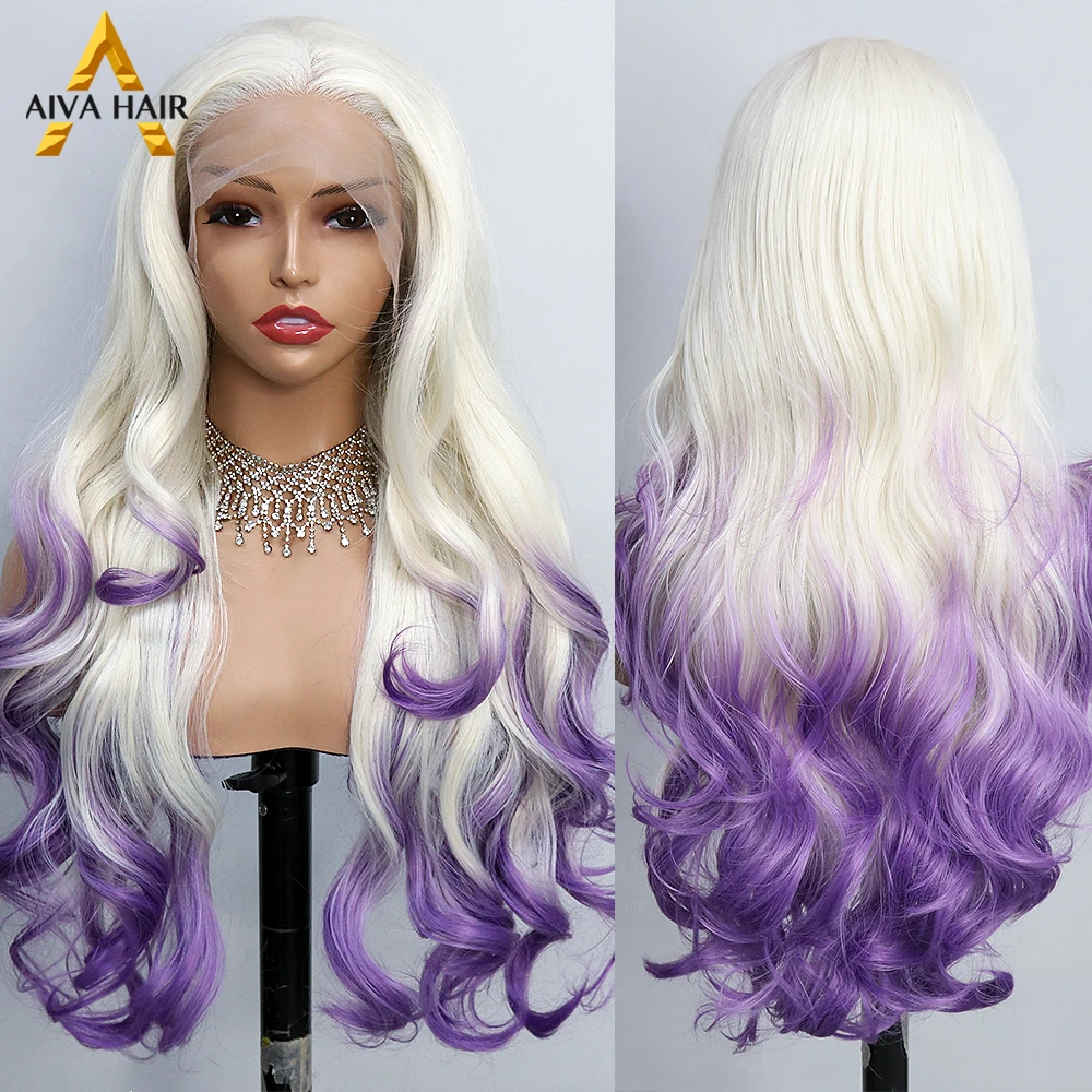 Ombre Purple Color Synthetic 13x4 Lace Front  Body Wave High Temperature Fiber Drag Queen Cosplay Wigs For Women Pre Plucked