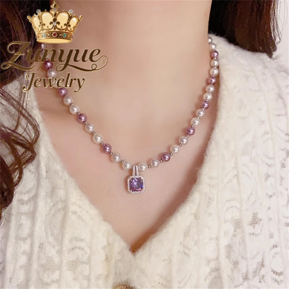 

Purple Zircon Cube Sugar Pendant, Pearl Necklace, Collarbone Chain, Simple And Elegant Necklace Accessory Charms Elegant Popular