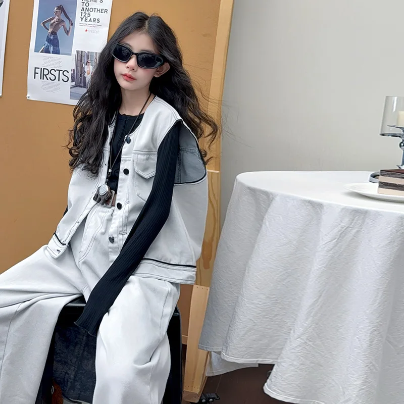 children-girls-denim-sets-autumn-junior-girls-pocket-single-breasted-vest-teenager-girls-full-length-jean-kids-girls-outfit