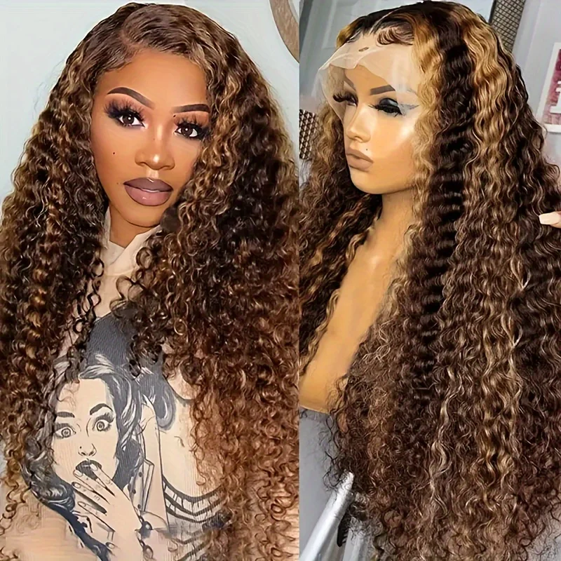 Curly 13x6 P4/27 Brown 200 Density Lace Frontal Wig Highlight Ombre Colored Deep Wave13x4 Human Hair Lace Front Wigs On Sale