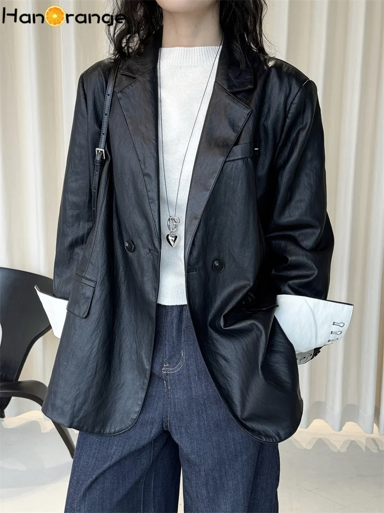 

HanOrange 2026 Early Spring Retro Fashion Vintage Distressed PU Blazer Women Loose Comfortable Silhouette Jacket Black/Brown