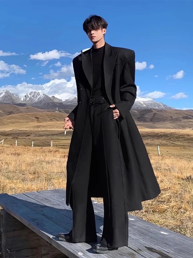 

Thiened oulder Pad Men's Woolen Coat Autumn Winter Double Breasted Long Sve Faion Outerwear Polyester Fiber Coat