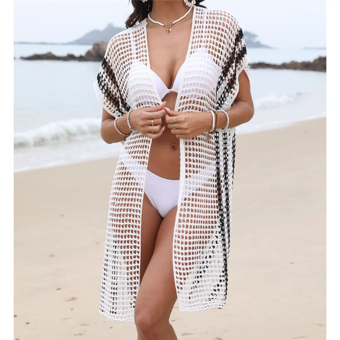 2026 Ausgehöhltes Kurzarm-Häkel-Strick-Tunika Strandkleid Strandkleidung Strandmode Strandüberwurf Damen V6593 – Detail 7