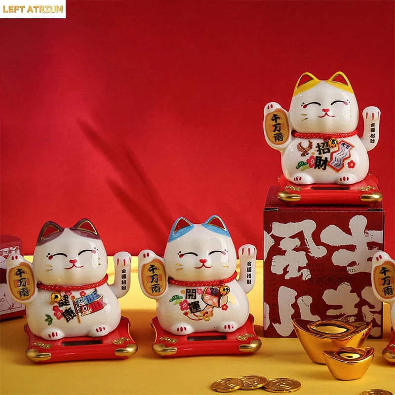 4.2 Inch Ceramic Beckoning Cat Waving Hand Maneki Neko Ornament Fortune Cat Figure Solar Powered or Battery