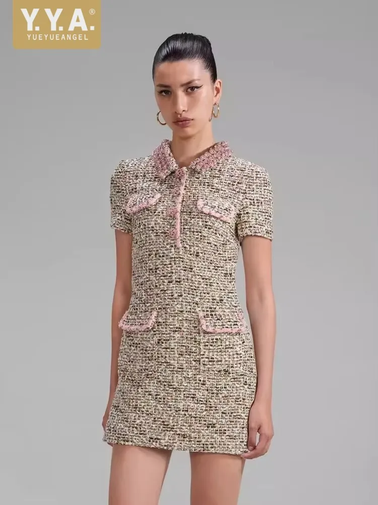 Spring Womem Slim Fit Diamonds Lapel Collar Tweed Dress Short Sleeve A Line Mini Dress Elegant Party Shiny Crystal Dresses