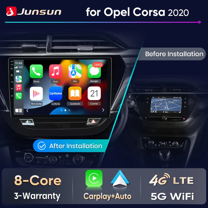 Radio para Auto Junsun con CarPlay Inalámbrico y Android Auto para Opel Corsa F 2019-2023, 2DIN, GPS, Navegador, Reproductor Multimedia, DSP, BT, FM, RDS, WiFi, 4G, Mirror Link, Control del Volante, Pantalla Táctil, Unidad Principal Estéreo para Auto, Sistema de Navegación Actualizado 2