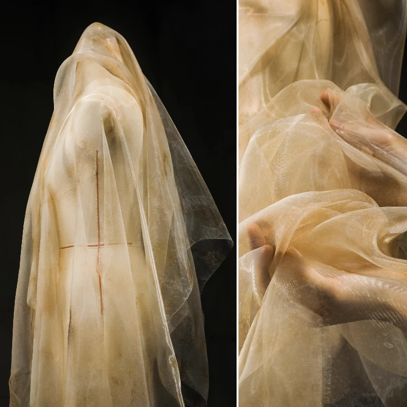 

Retro Yellow Plant Tie Dye Mesh Fabric Transparent Wedding Dress Artistic Style Formal Dress Headscarf Clothing Designer Fabric