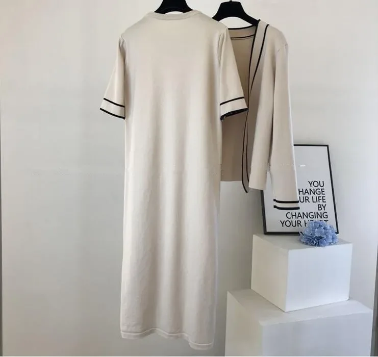 2024 New Graceful Knitted 2 Piece Set Women O-neck Short Sleeve Straight Dress + Cardigan Jacket Outfits Contrast Color Suit