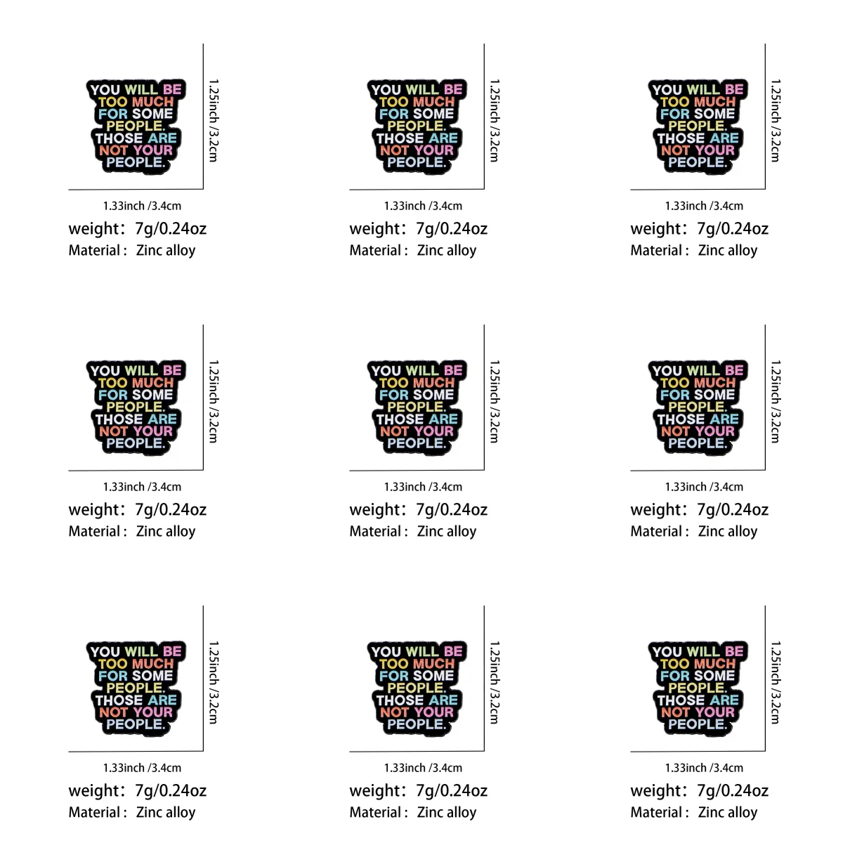 9-teiliges Emaille-Pin-Set „Du wirst zu viel für einige Leute“ – Lustige Broschen für Mäntel, Kragen- und Reversnadeln, Metallabzeichen, Schmuck – Detail 1