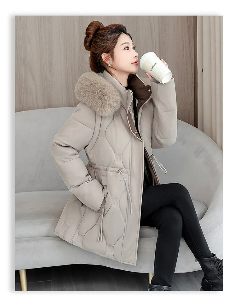 Simple Solid Color Large Fur Collar Hooded Removable Long-sleeved Down Cotton Jacket Women's 2025 Winter Thickened Warm Jacket