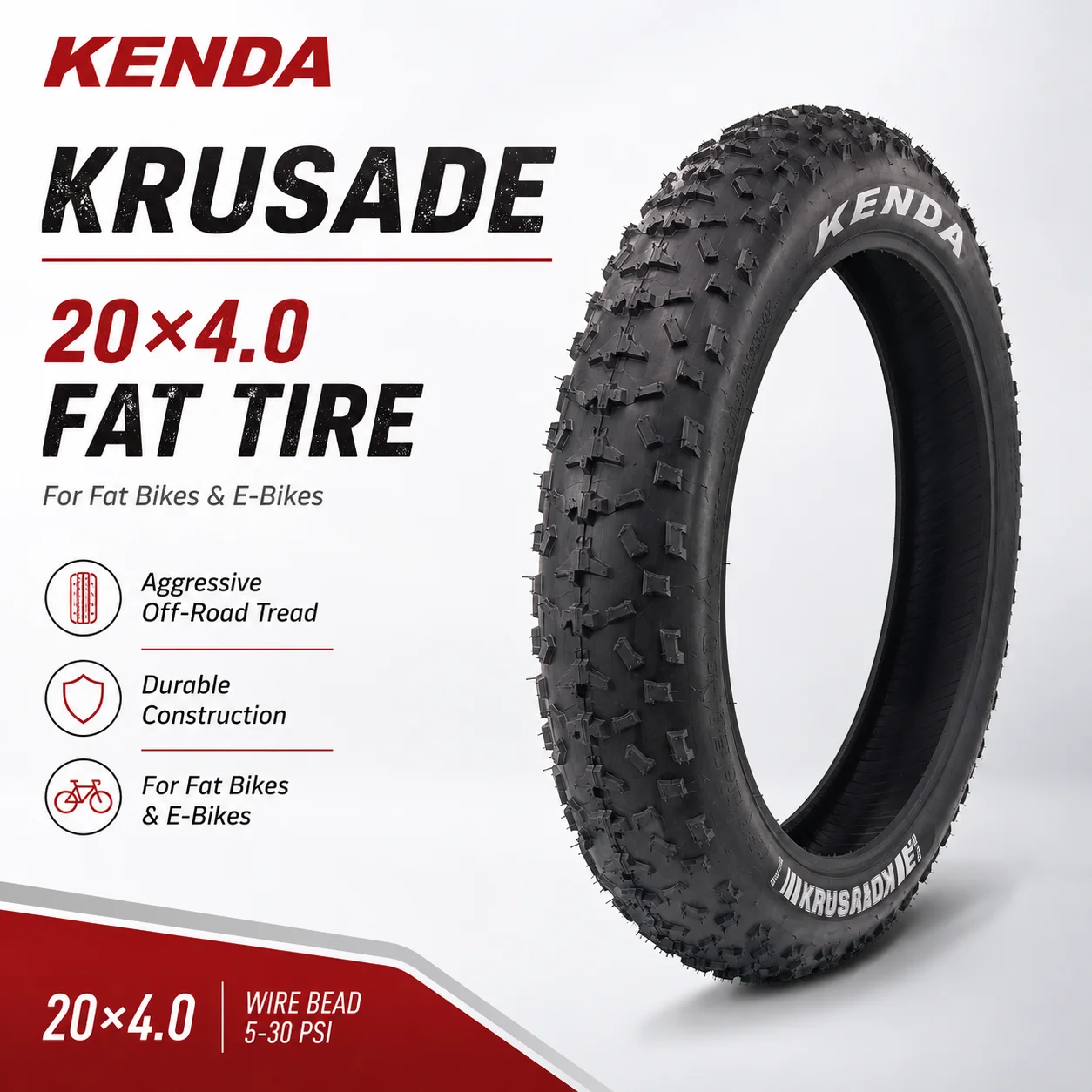 Kenda K1188 Krusade Fat Tire 20x4.0 Fahrradreifen 20"x4.00 Drahtreifen SRC Schwarz Fatbike-Reifen für MTB Schnee Strand Offroad