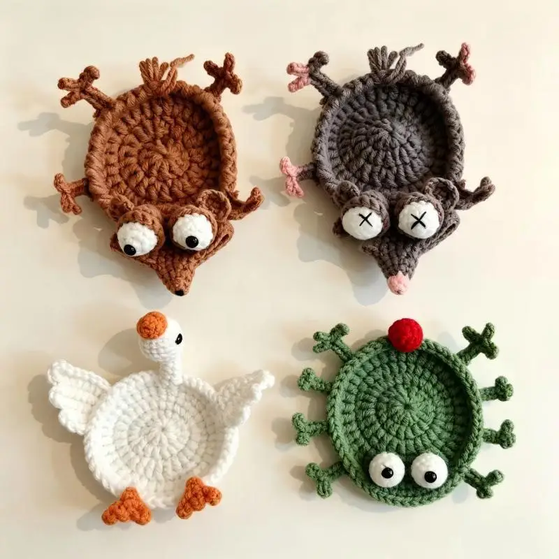 1Pcs Animal Cartoon Crochet Coasters Handmade Knitted Cup Placemat Accessories