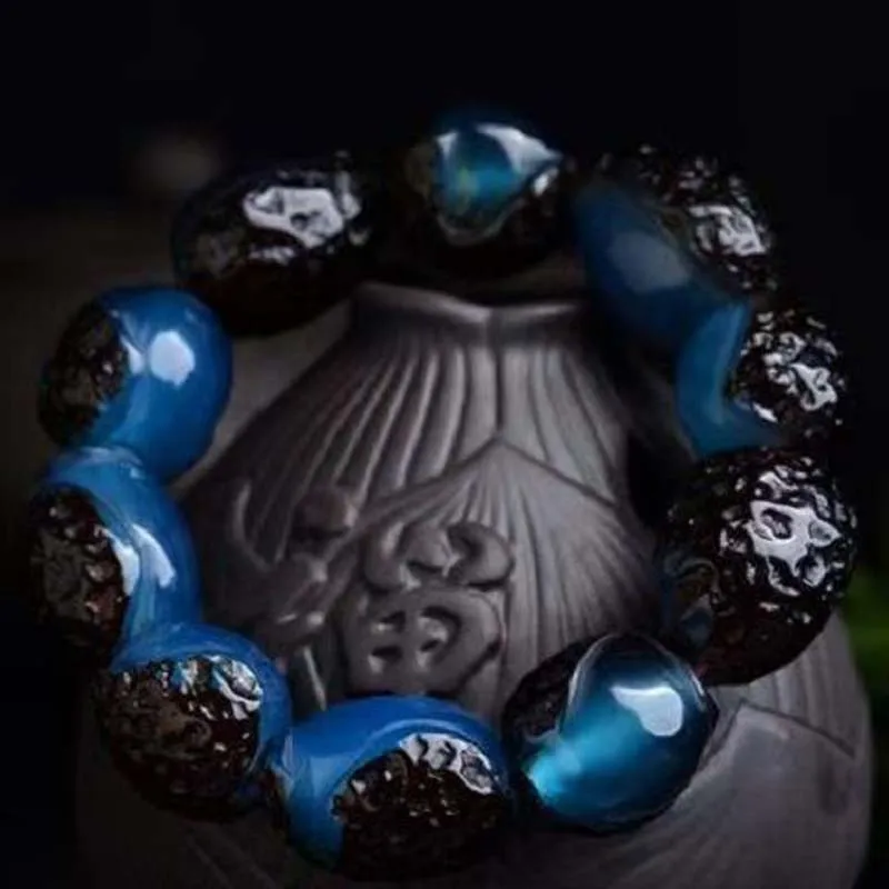 Authentic A Second-generation Blue Amber Belt Leather Bracelet, Beeswax Amber Bracelet