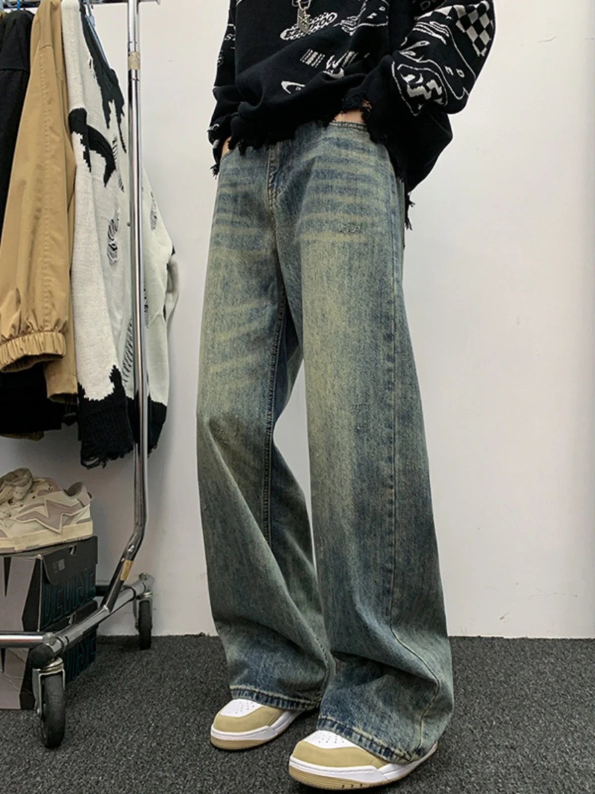 

Retro American Denim Jeans Men's Washed Wide Leg Dad Pants Trendy Streetwear Loose Straight Long Trousers Casual Youth Style