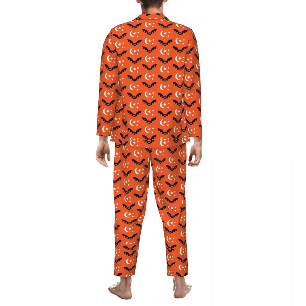 Halloween Sleepwear Spring Orange Black Bats Casual Loose Oversize Pajama Sets Man Long Sleeves Comfortable Room Nightwear