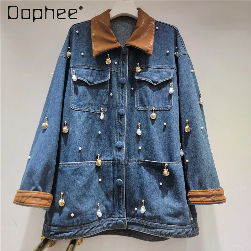 

Korean Chic Elegant Denim Coat Women Fashion Beading Pendant All-Match Pu Lapel Jean Jacket Women Mid-Length Loose Slim Tops