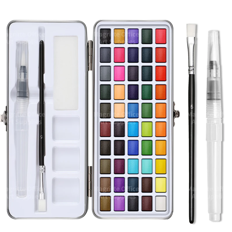 53-teiliges Aquarellfarben-Set, Reise-Farbset mit Metallbox inklusive Wasserstift, Pinsel, Schwamm, Palette