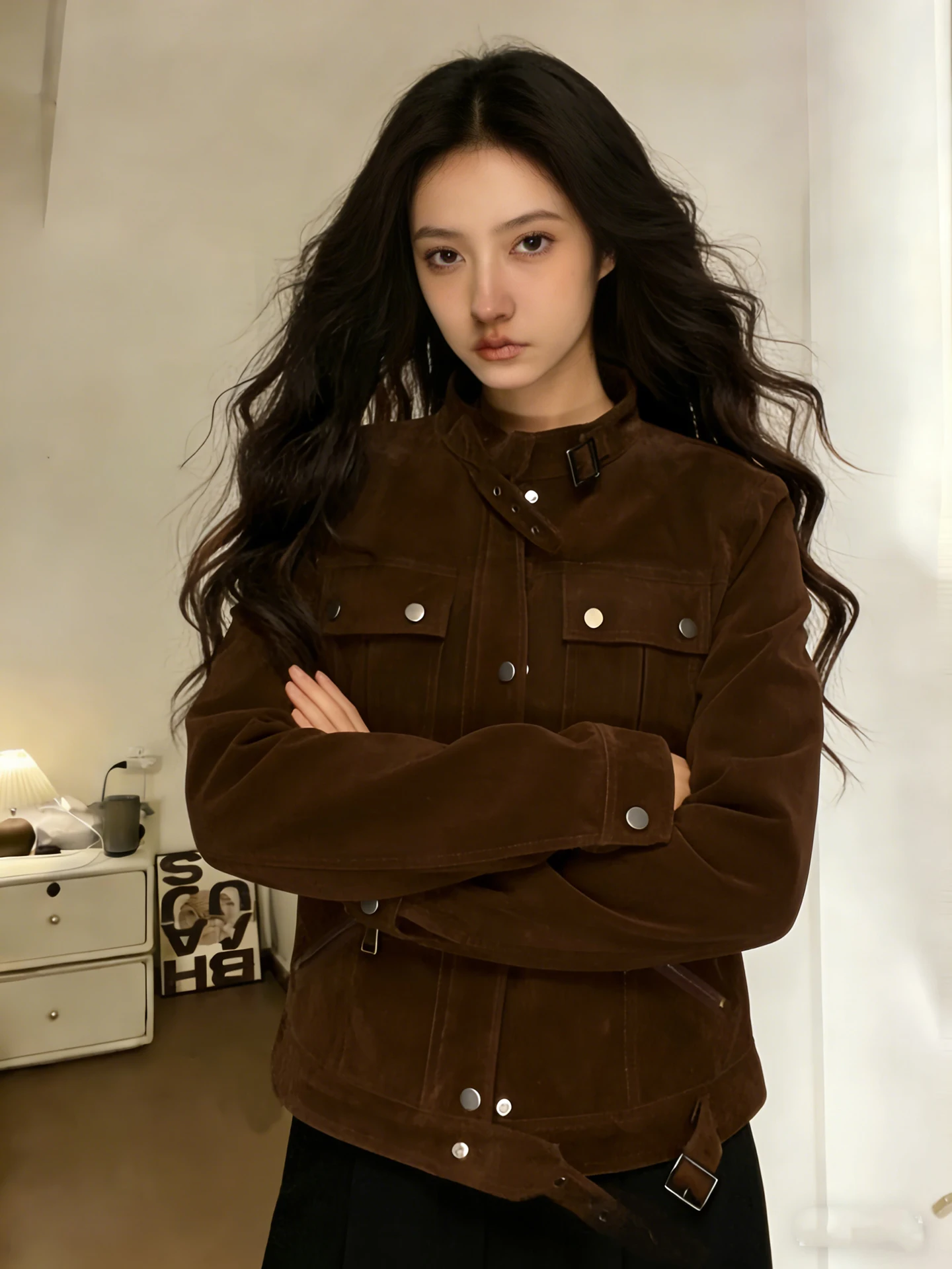 Browan camurça motocicleta jaet feminino ort oulder apropriado primavera outono novo sle americano retro jaet casaco