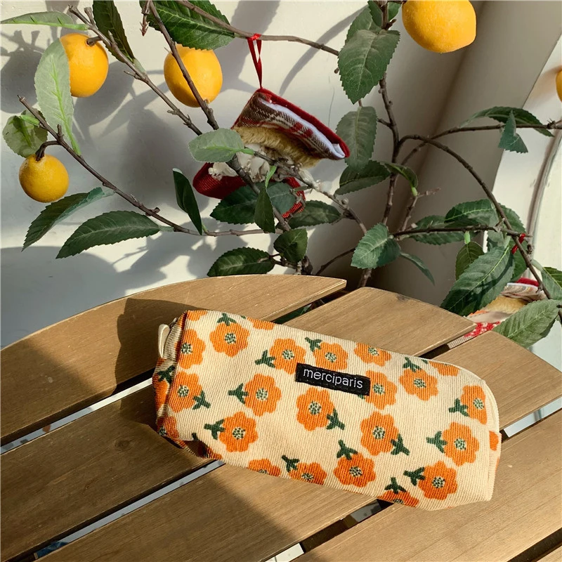 Pencil Case Korean Stationery Retro Cases Flower Pencilcase For Girls Large Capacity Pencil Case Corduroy Pencilcase