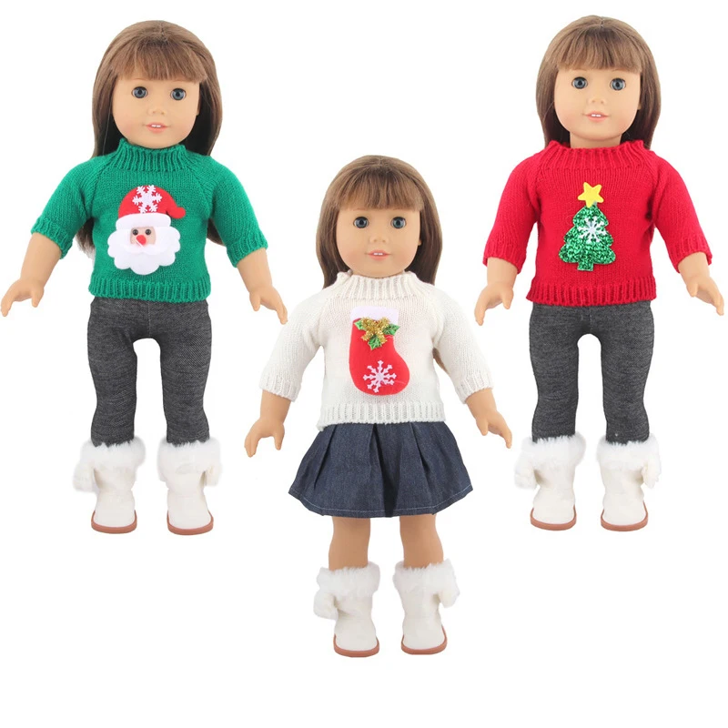 Conjunto de suéter/calça/vestido de bonecas americanas de 18 polegadas para 45cm, acessórios de roupas de brinquedo de bebê, roupa de natal, presentes de festival