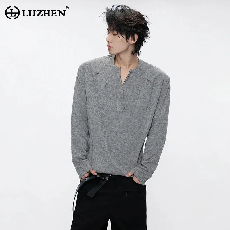 LUZHEN 2026 New Solid Color Pleated Design High Quality Gauze Long Sleeve T-shirt Men's Fashion Handsome Casual Male Tops JY9534