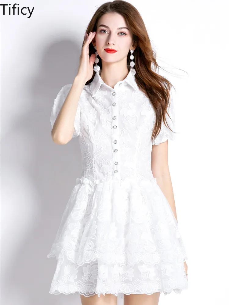 

TIFICY Elegant Sweet Pure White Lace Mesh Embroidery Dress Women Puff Sleeve High Waist Cascading Ruffles Mini Party Dresses