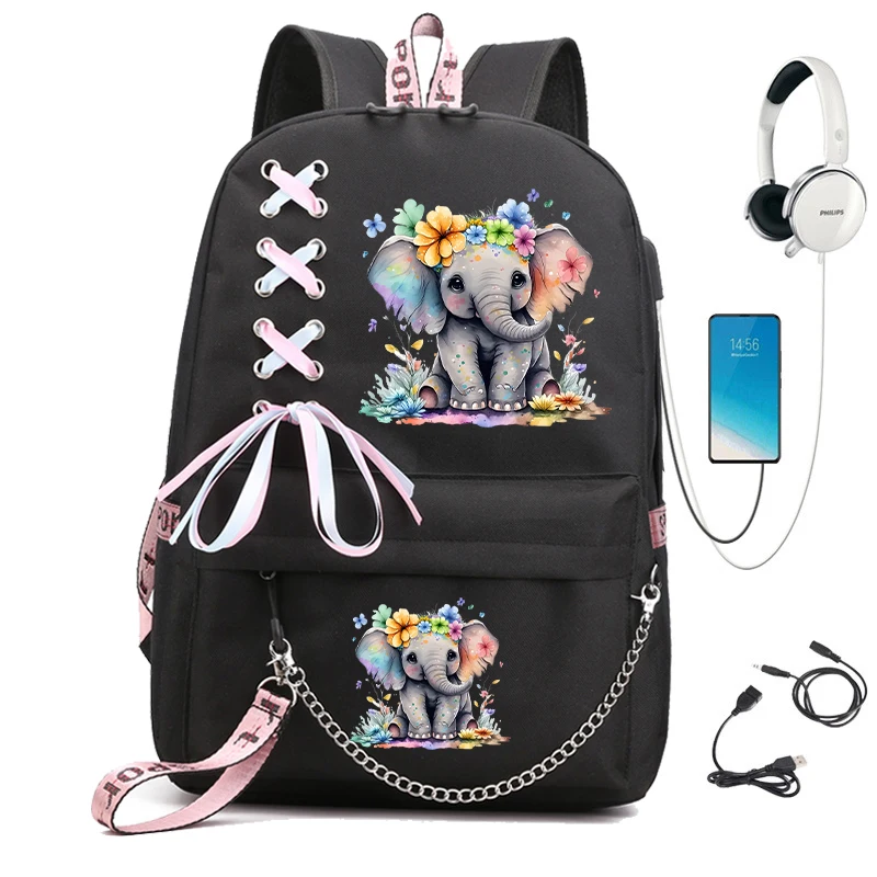 Mochila escolar de dibujos animados para niños y niñas, morral de lona con diseño Floral de elefante, Usb, novedad