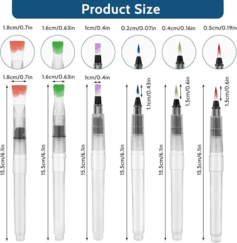 6PCS Watercolor Brush Pens - Refillable Water Paint Brush, Soft Waterbrush for Painting, Water Soluble Colored Pencil