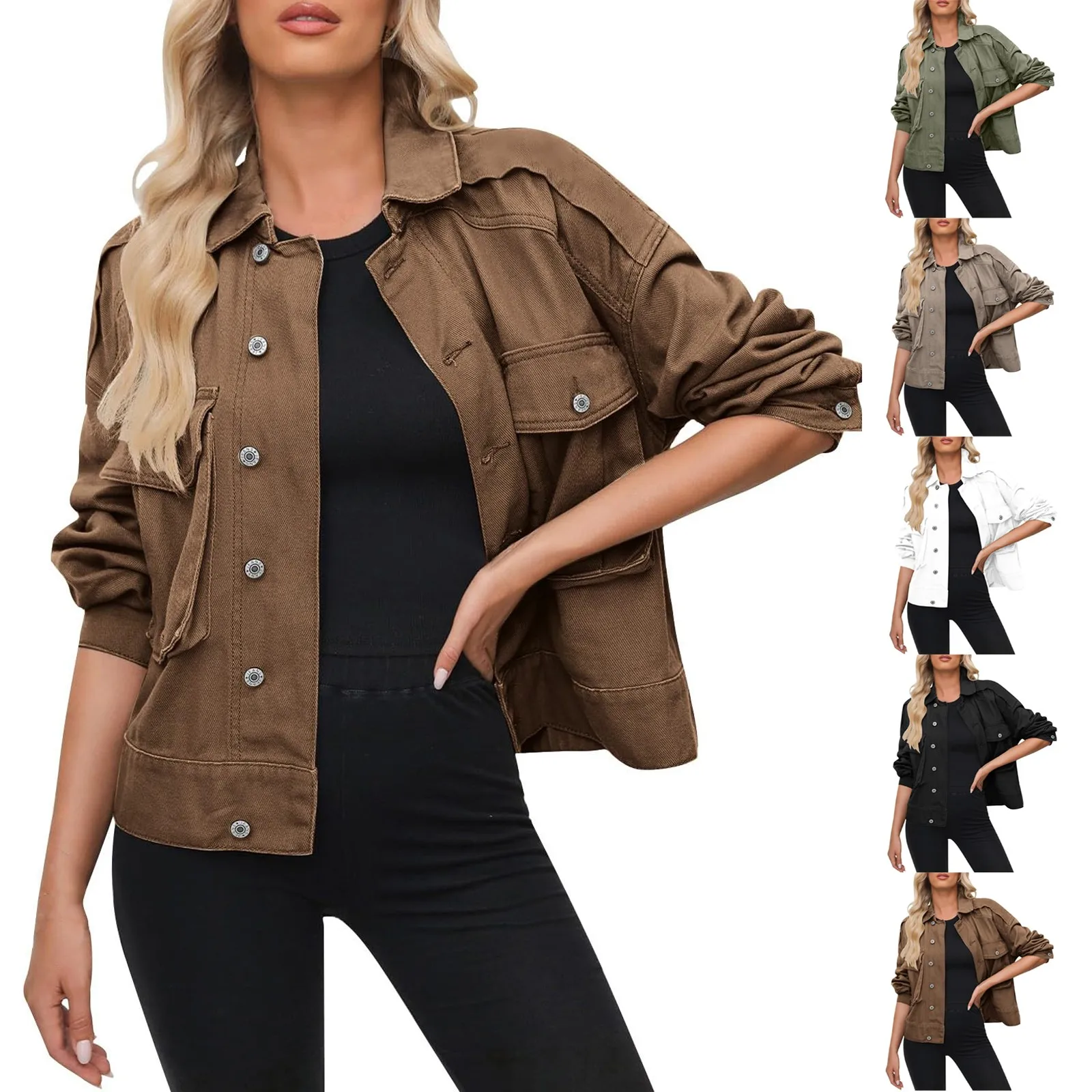 سترات الدنيم للنساء سترة سائق الشاحنة العصرية مع جيب بلون سادة سترة الدنيم فضفاضة معطف الخريف طويلة الأكمام الدنيم