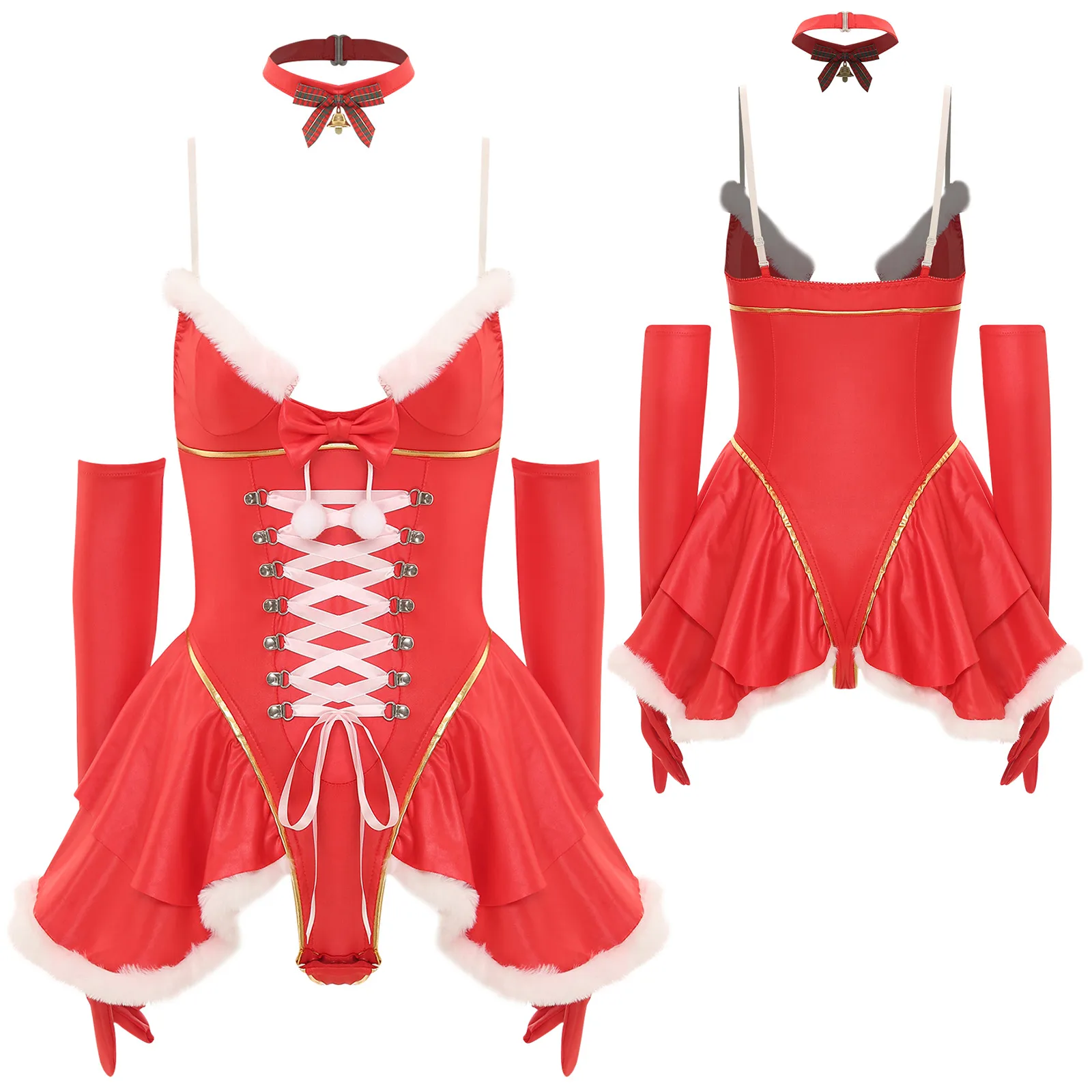 3Pcs Christmas Lingerie Sets Role Play Dress Sleeveless Lace-up Tutu Dress Bodysuit with Opera Gloves And Choker Nightwear Set