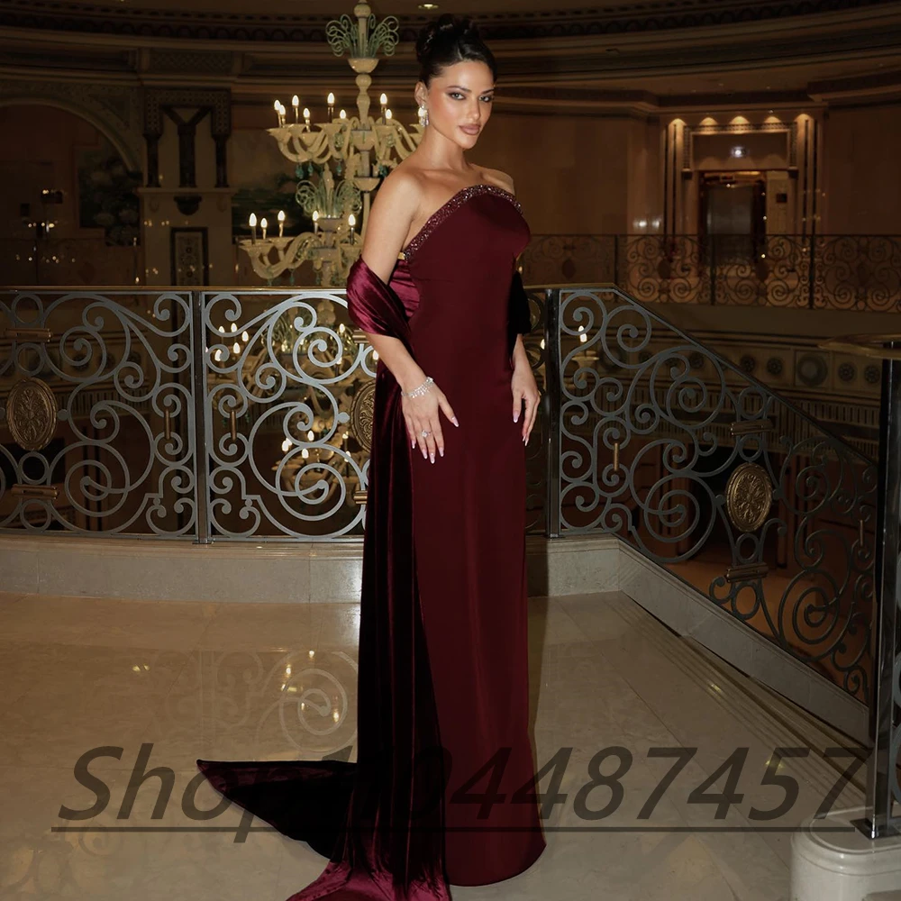 Customized Strapless Burgundy Jersey Evening Dress Sleeveless Backless With Sweep Train Sequined Floor Length Party Prom Gown
